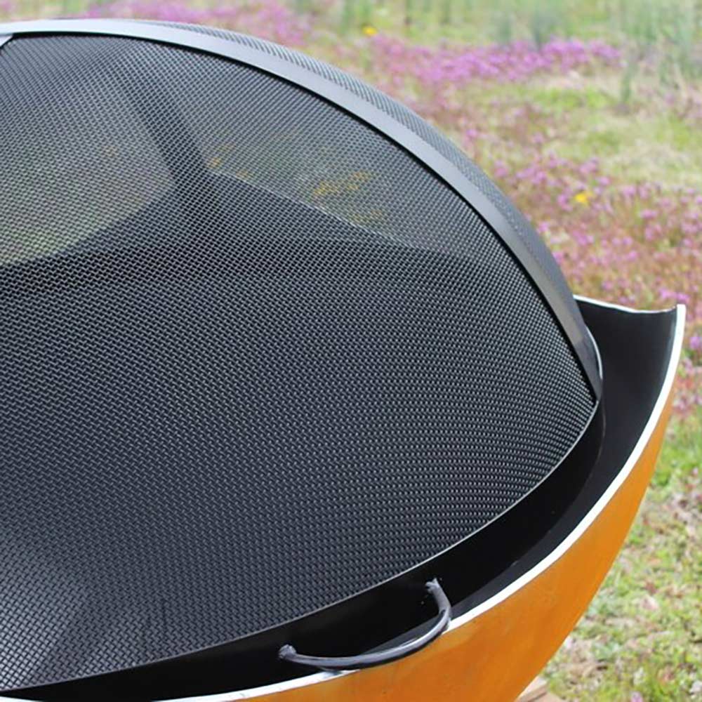 Fire pit spark guard mesh dome with black rim and silver edge, close-up