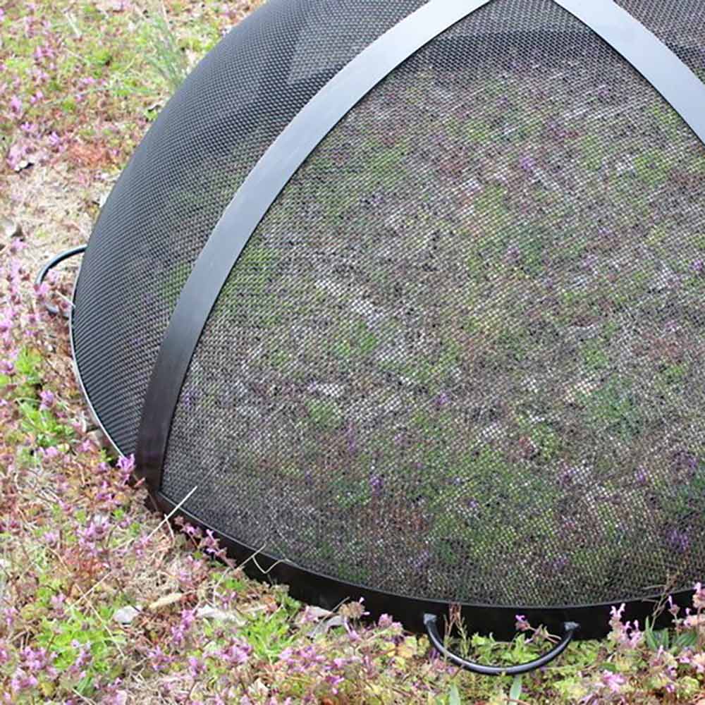 40-inch fire pit spark guard with black arched mesh dome screen