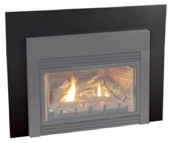 White Mountain Hearth matte black fireplace shroud with glass front and flames