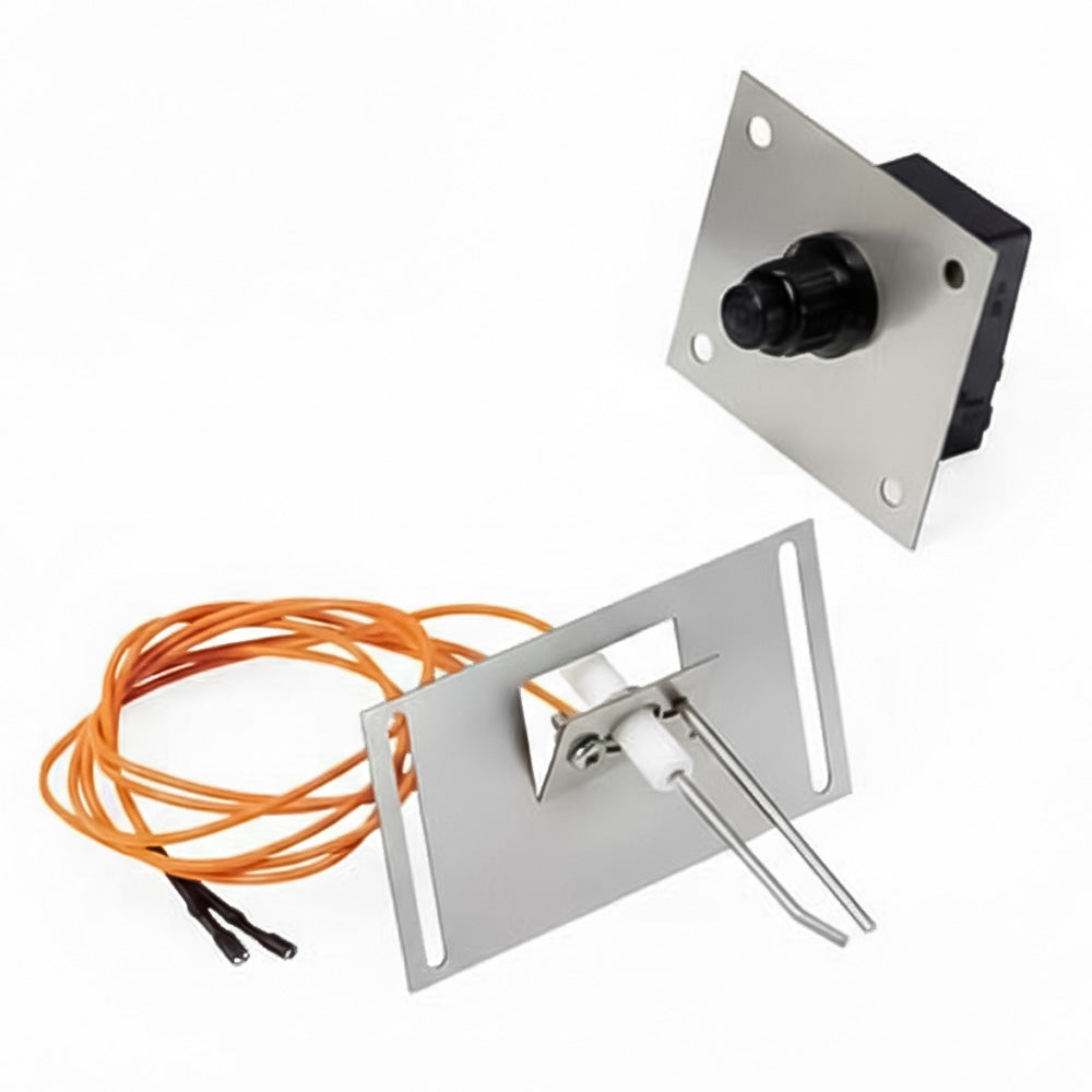 Fire spark igniter kit with metal bracket, electrode leads, and orange wiring harness