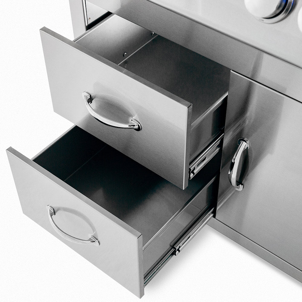 Stainless steel warming drawer and open side shelf on grill cart, white frame