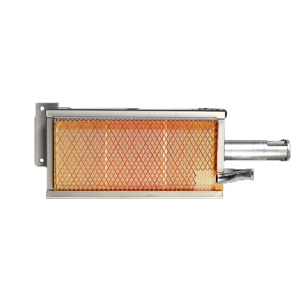 Infrared sear burner with rectangular orange mesh heating element and metal frame