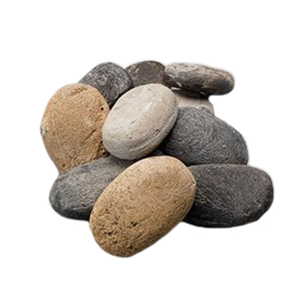 Assorted smooth landscape stones in gray, beige, and tan for stone kit