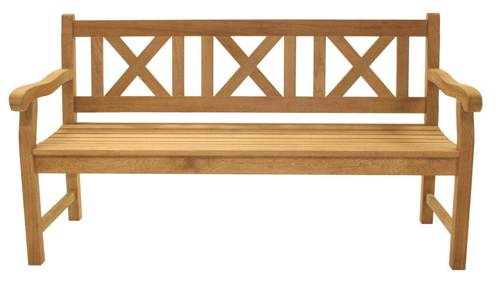 Wooden teak bench with lattice backrest and curved armrests, classic skipper style