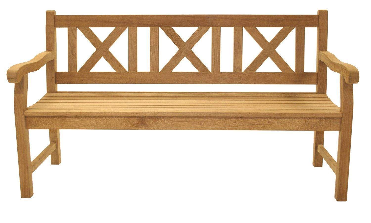 Wooden teak bench with lattice backrest and curved armrests, classic skipper style