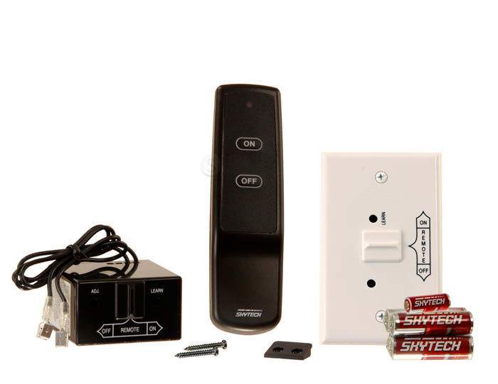 Fireplace on/off remote control kit with black remote, receiver box, and accessories