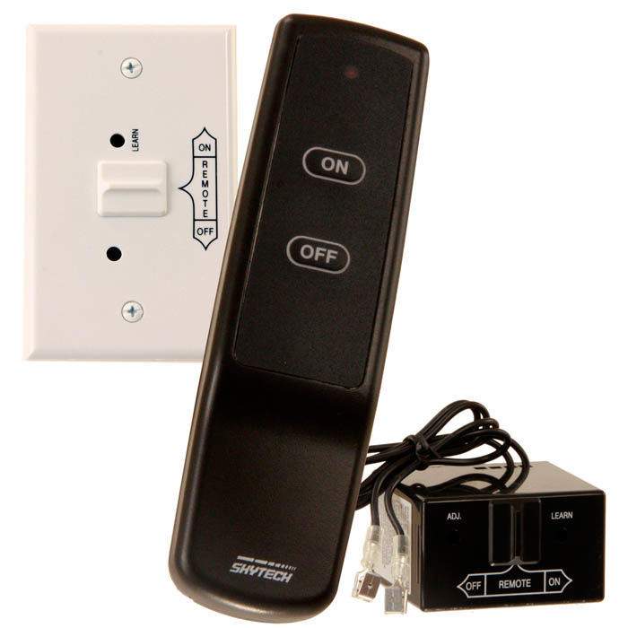 Fireplace on/off remote control kit with black handheld remote and white wall receiver