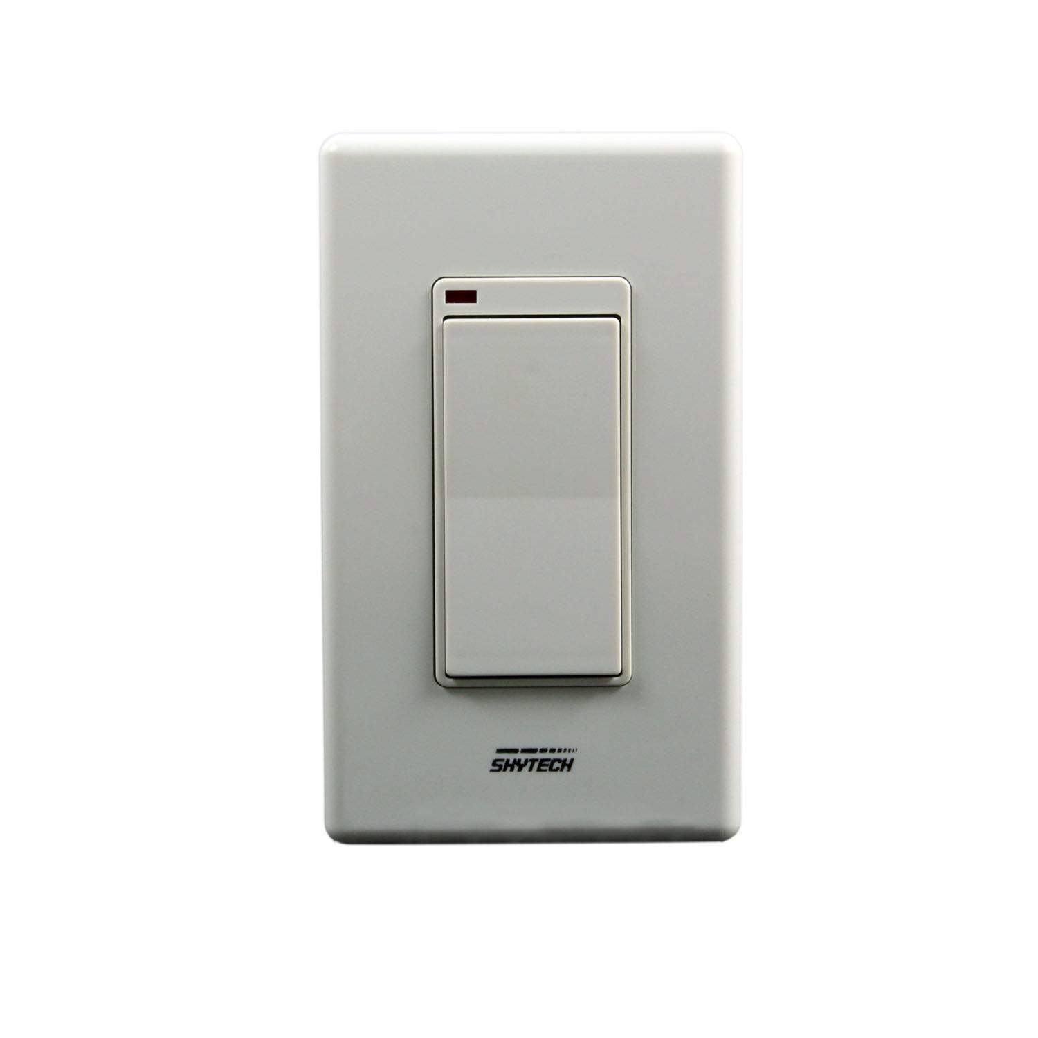 Skytech transmitter remote in light gray, wall switch with red indicator