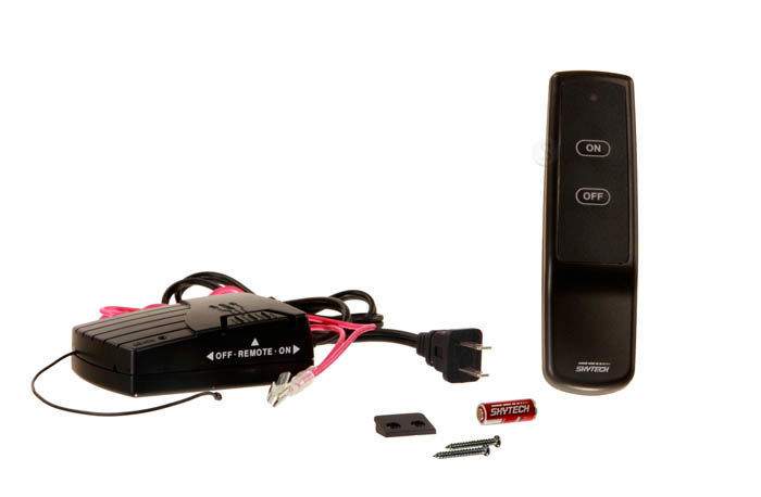 Fireplace remote control kit with remote, receiver module, plug, and hardware