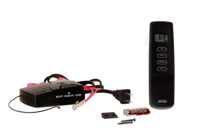 Thermostat fireplace remote kit with black remote, receiver box, and plug wiring