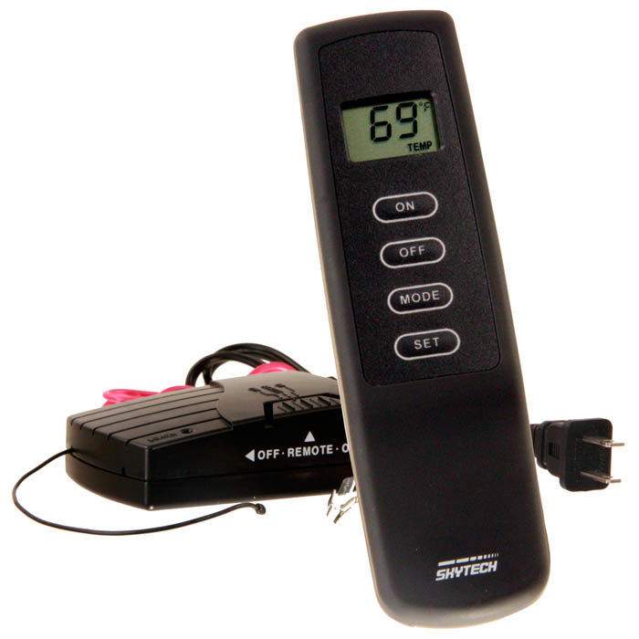 Black Skytech remote control with LCD temperature display and ON/OFF buttons