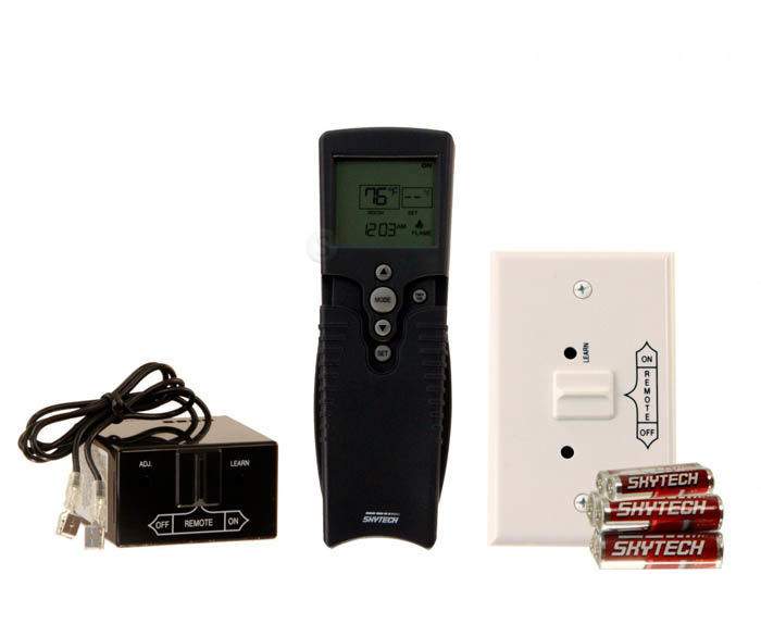 Fireplace remote control kit with black handheld unit, power receiver, and cords