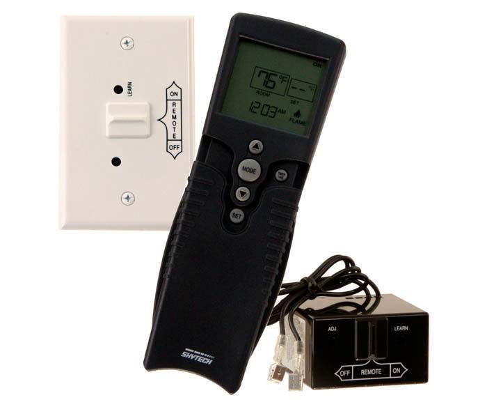 Fireplace remote control with LCD display, buttons, and wall power receiver