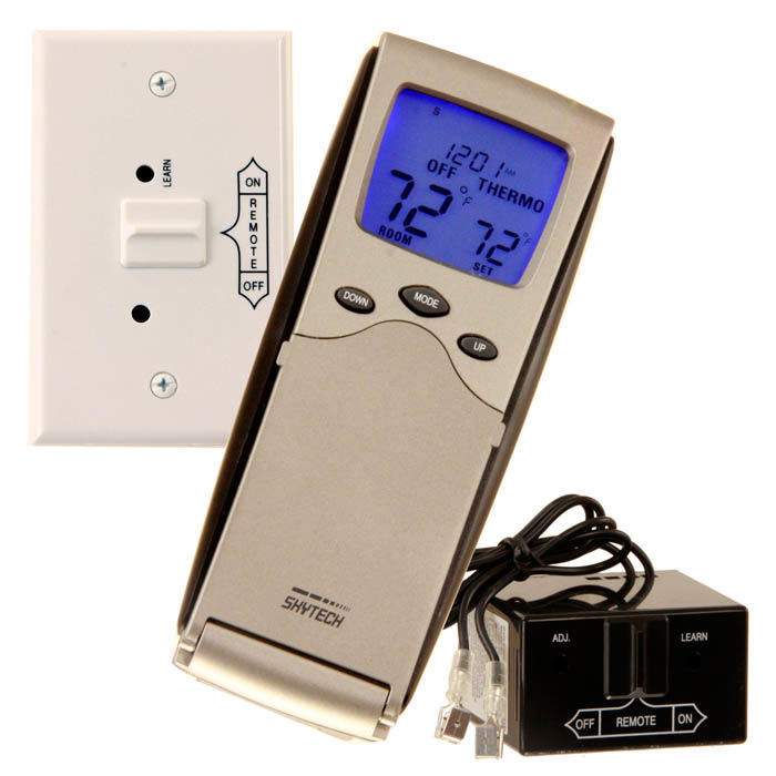 Backlit fireplace remote control with blue LCD display and control buttons