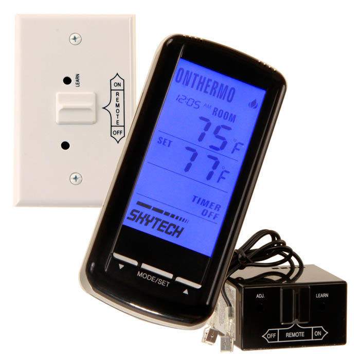 Fireplace remote control with blue backlit touch screen and ON/OFF buttons