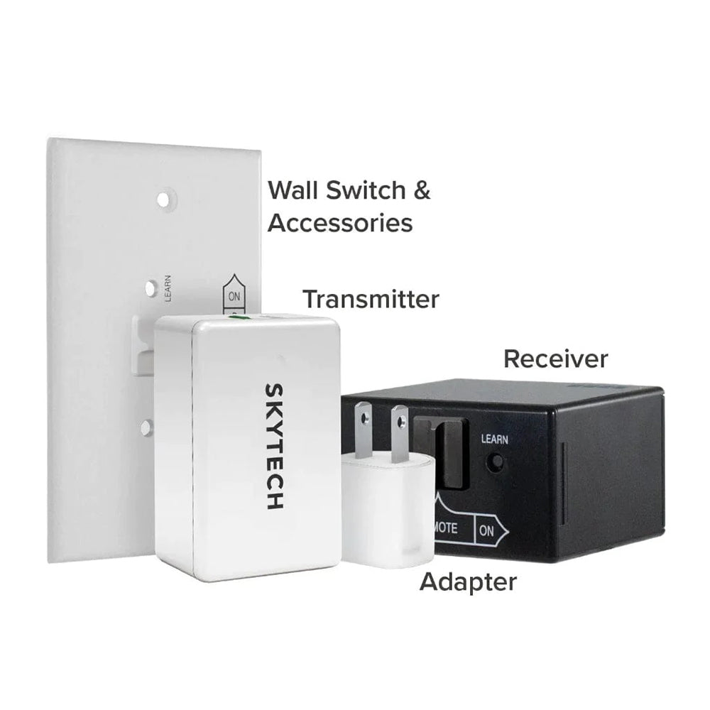 Fireplace remote control components: wall plate, transmitter, adapter, and receiver