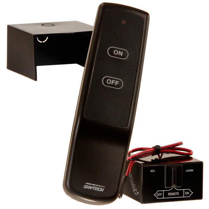Black fireplace on/off remote control with ON and OFF buttons and red wire leads