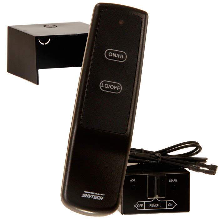 Skytech fireplace remote control with ON/HI and LO/OFF buttons, handheld black