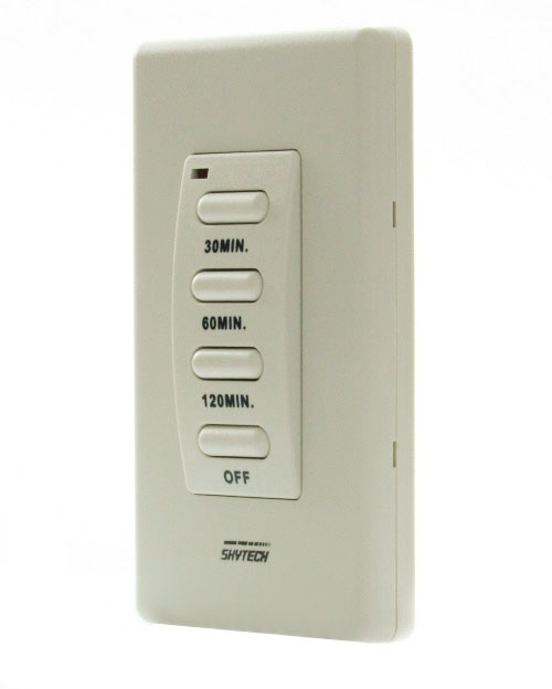 Wall-mounted timer control side view with 30/60/120 min and OFF buttons, beige