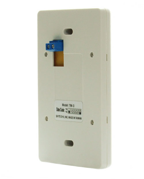 Wall-mounted timer control back with Model TM-3 label and blue wiring terminal