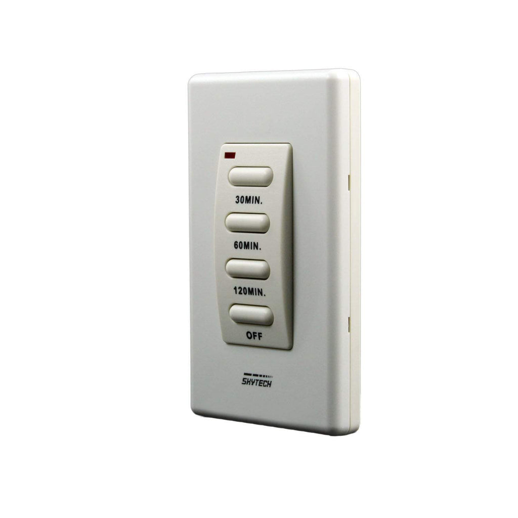 Transmitter remote in light gray, side view with timer buttons and OFF switch