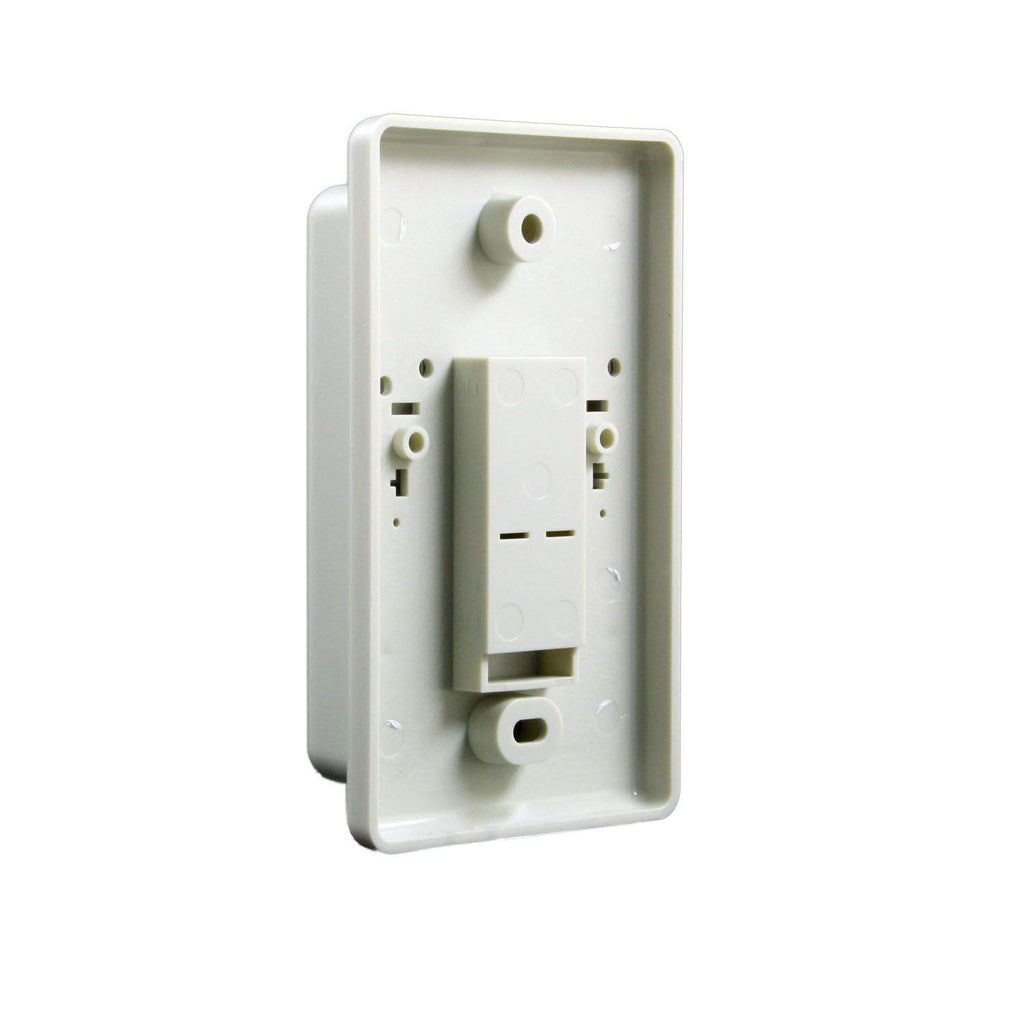 Thermostat remote transmitter rear cover with mounting slots and wiring opening, white