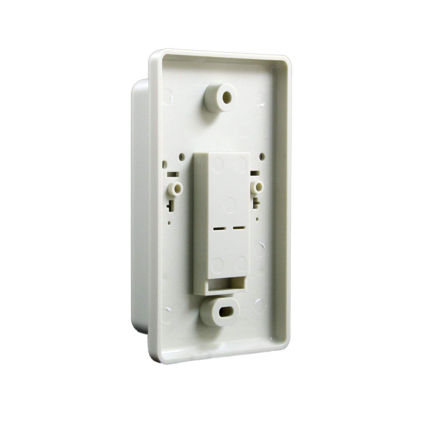 Thermostat remote transmitter rear cover with mounting slots and wiring opening, white