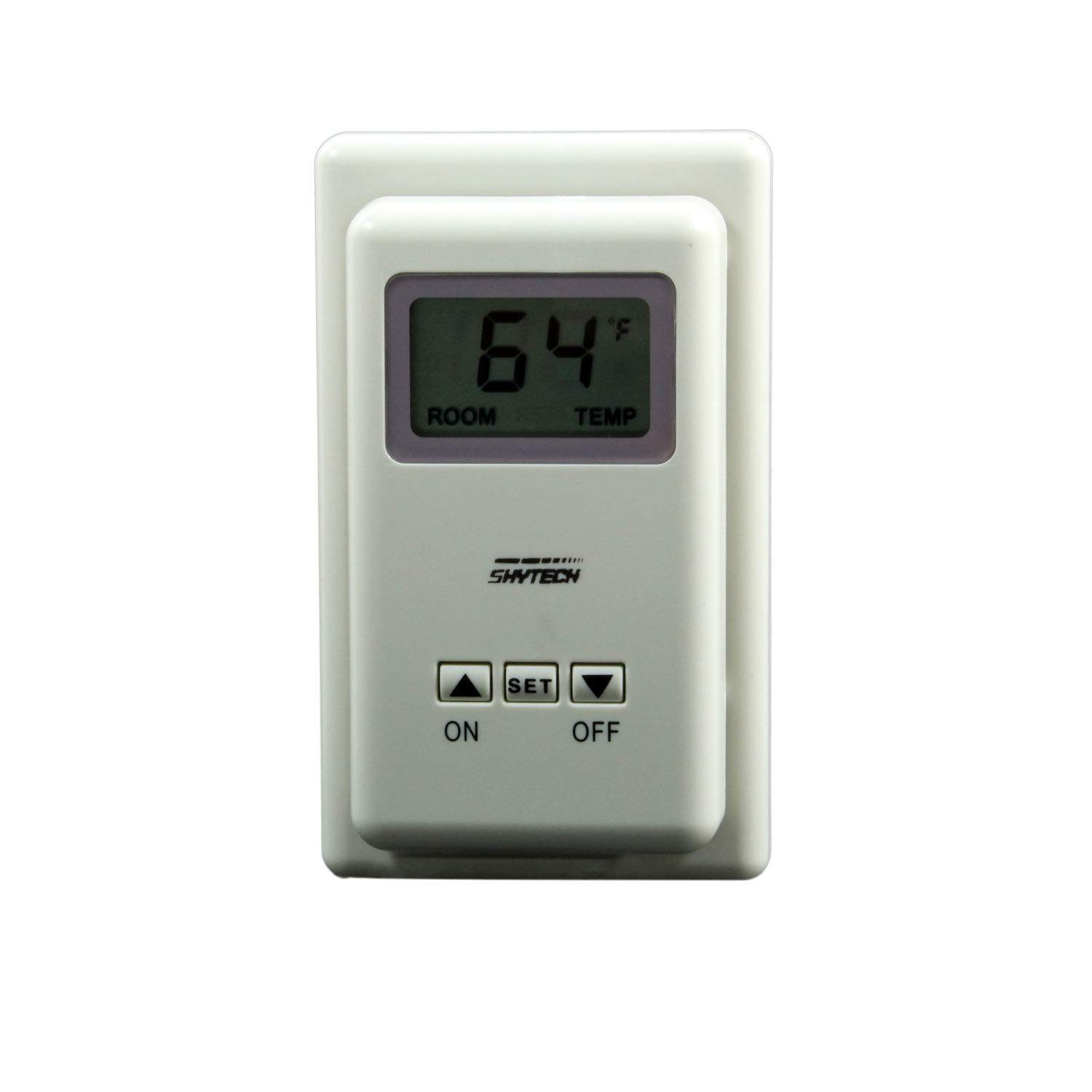 Thermostat remote transmitter with digital display and ON/SET/OFF buttons, white case