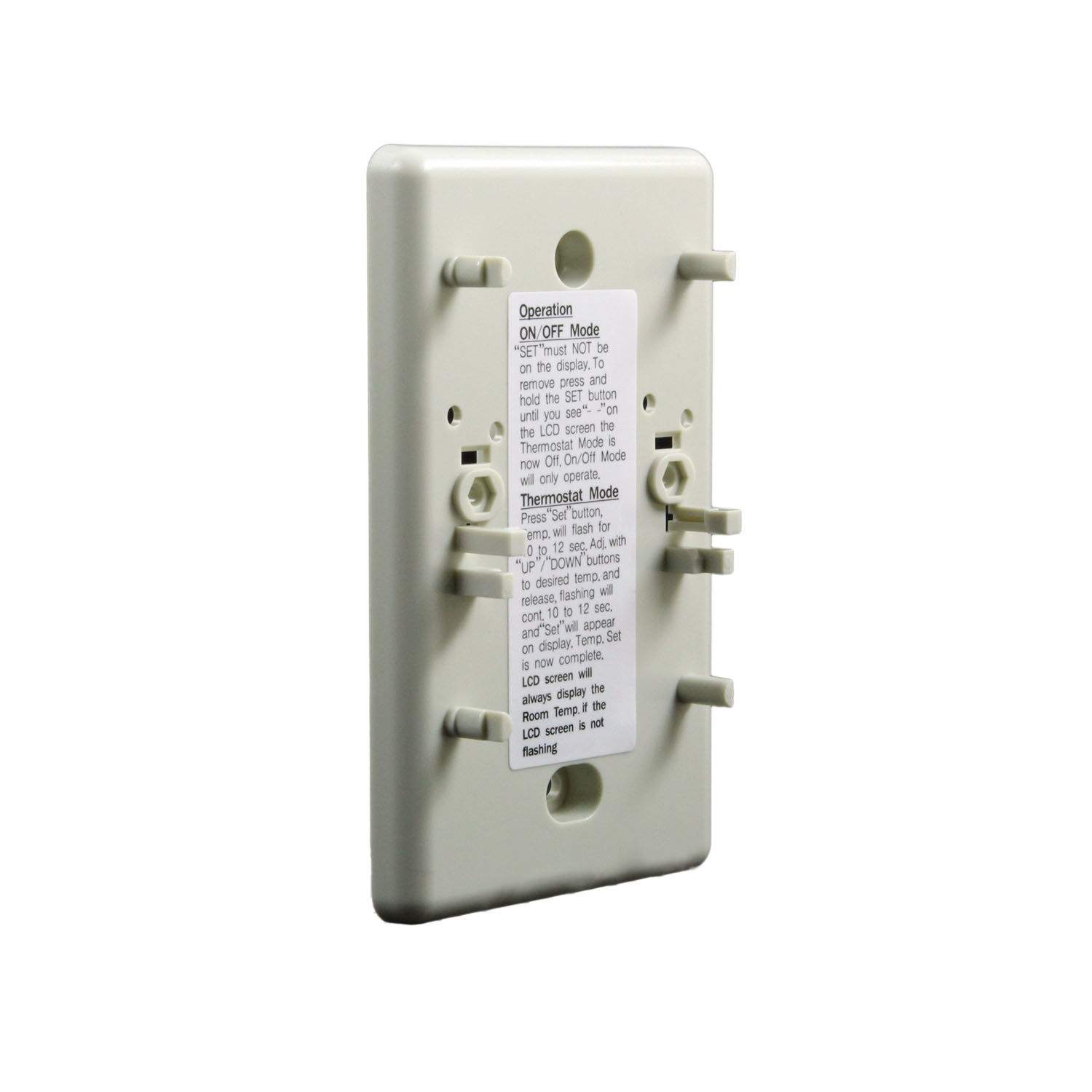 Thermostat remote transmitter back panel with instruction label and connection ports, white