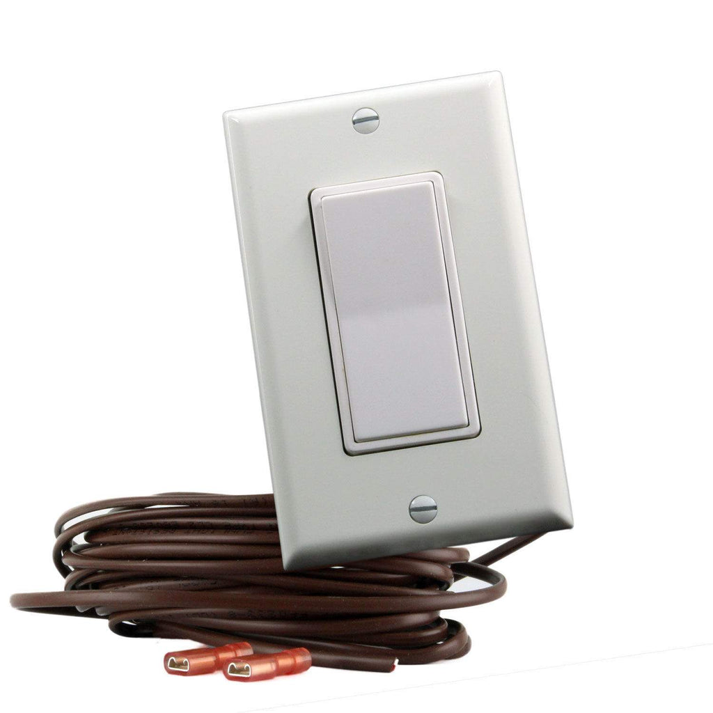 Wired wall-mounted on/off fireplace control switch with brown cord and plugs