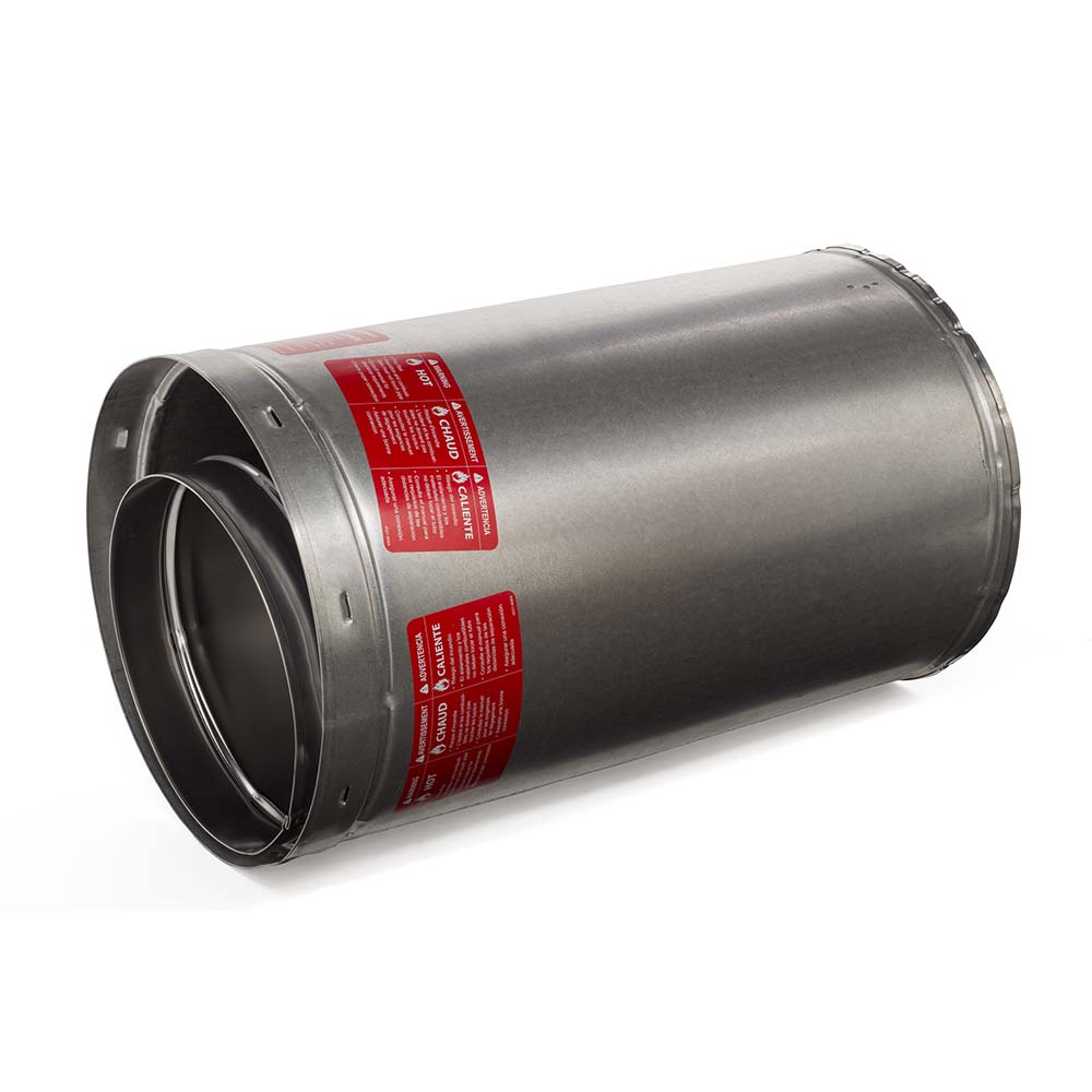 Aluminized stove pipe chimney section with flanged ends and red labels