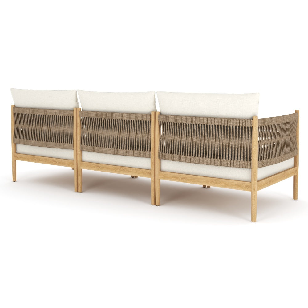 Outdoor modular sectional sofa with three beige cushions and dark woven side panels
