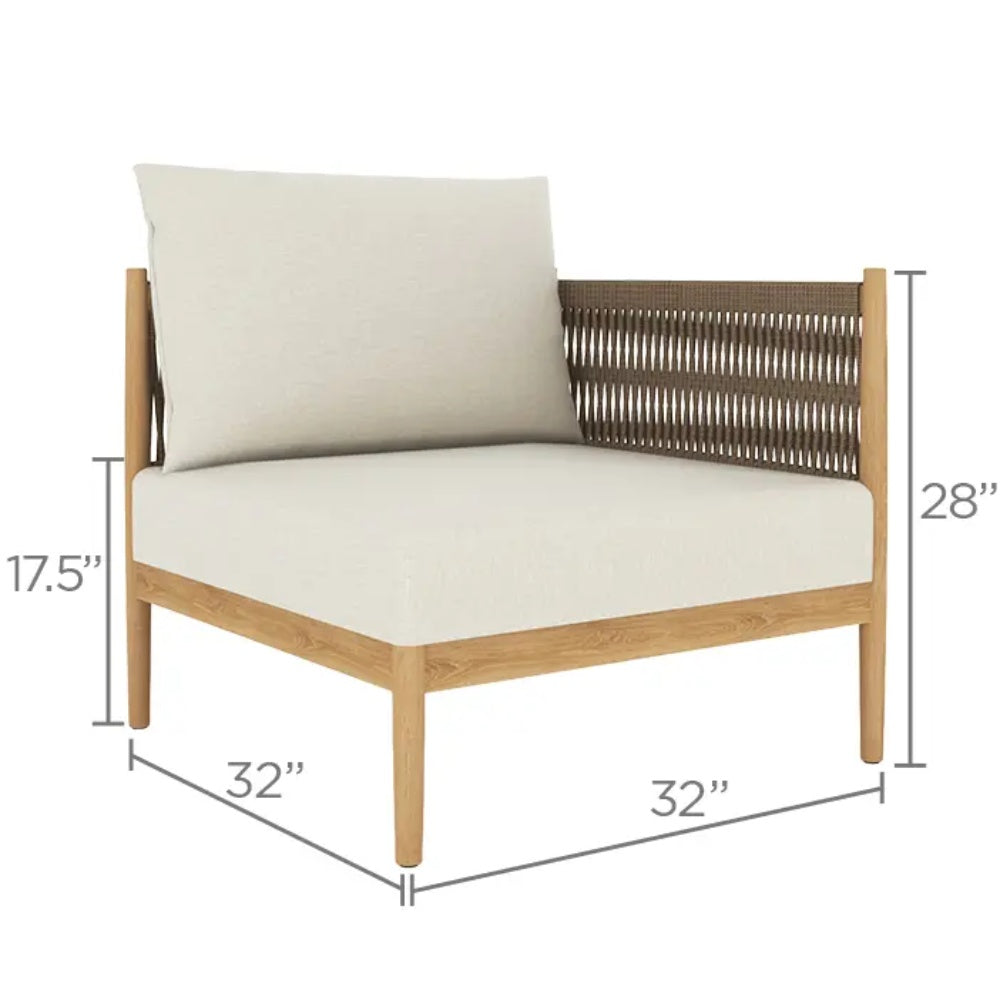 Outdoor modular sofa chair with beige seat cushion and dark woven back panel on teak frame