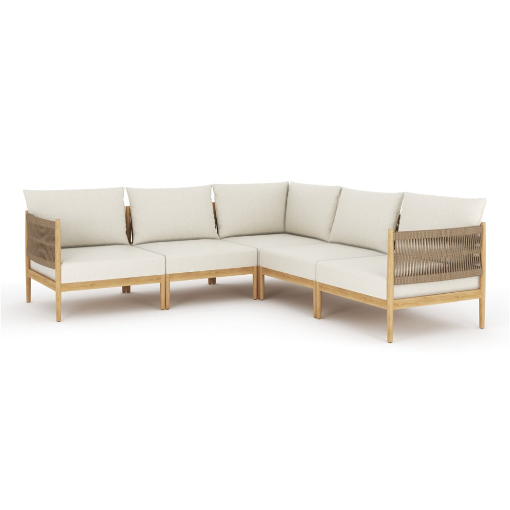 Modular outdoor sectional corner sofa with light beige cushions and teak wood frame