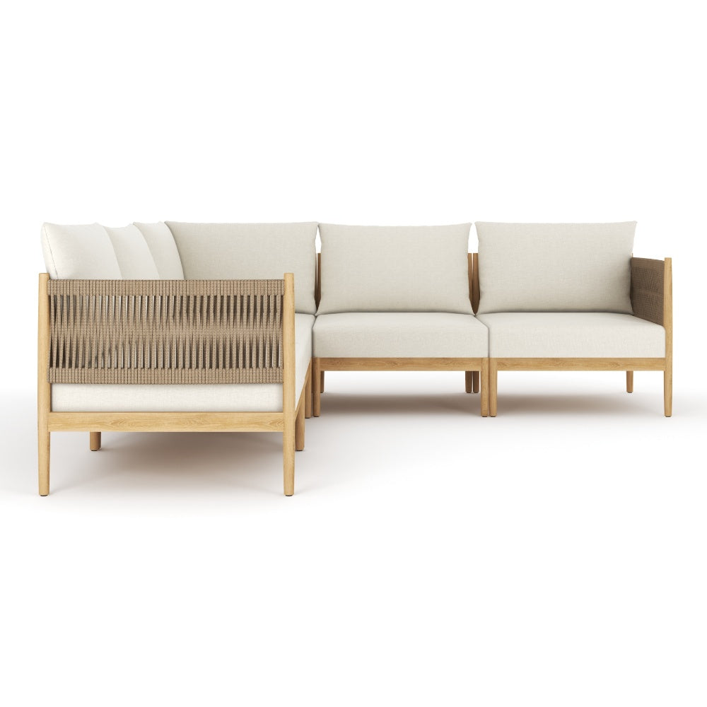 Modular outdoor sectional bench with light beige seat and back cushions, teak armrests