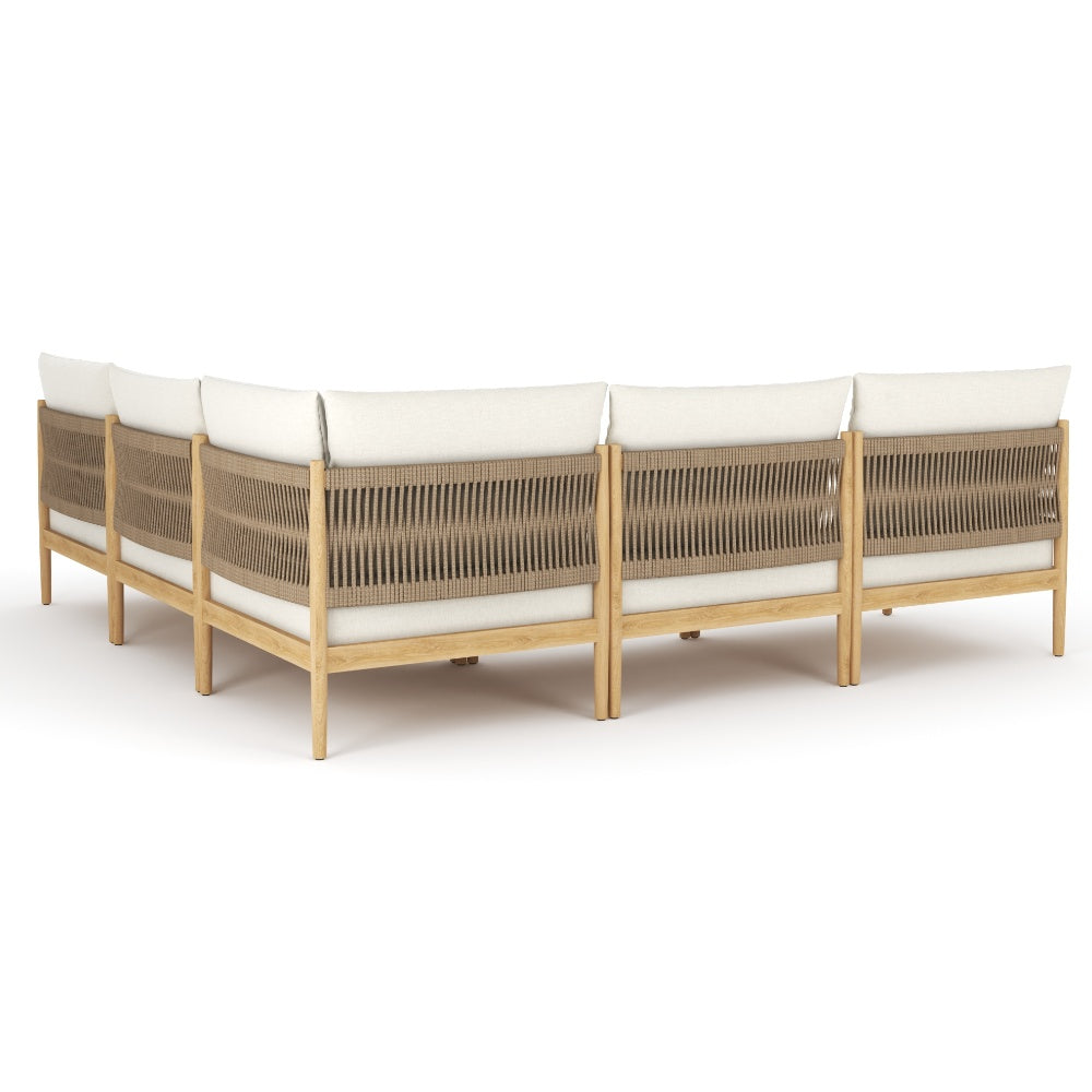 Modular outdoor sectional set with light beige cushions, woven tan back panels, teak frame