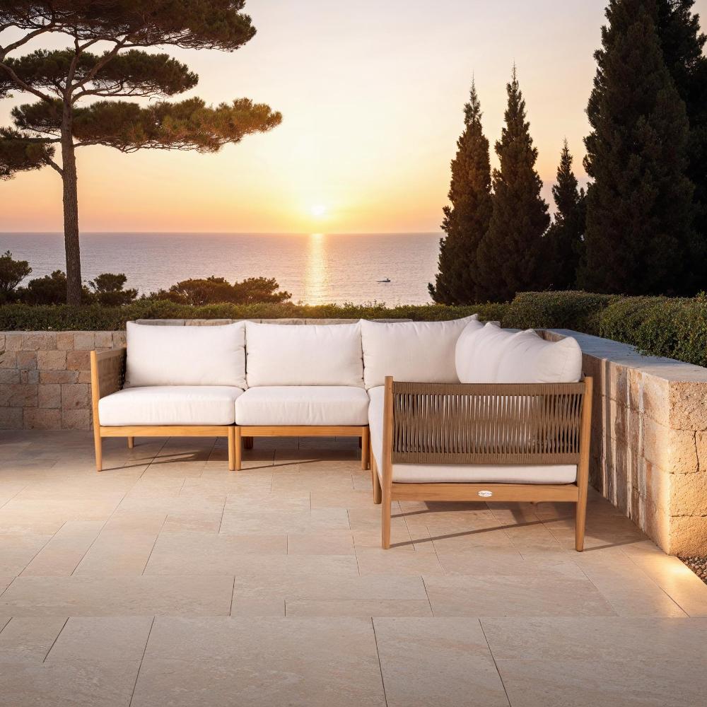 Outdoor sectional sofa set with light beige cushions, woven tan side panel, teak wood frame