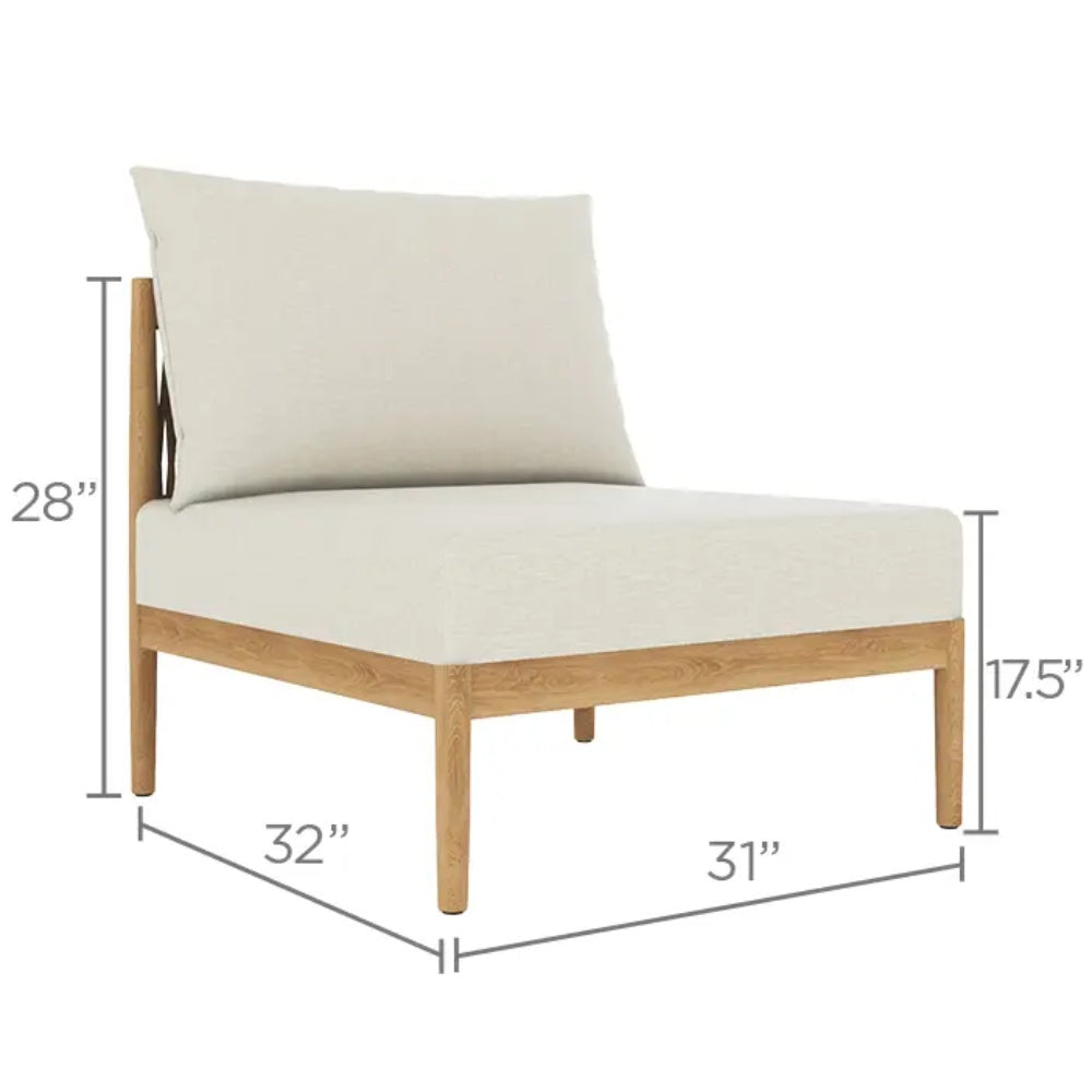 Outdoor lounge chair with light beige cushions and light wood frame