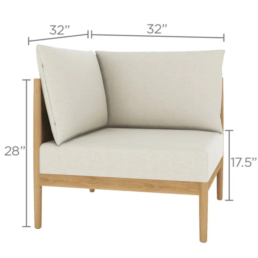 Outdoor chair with light beige seat and back cushions, light wood frame