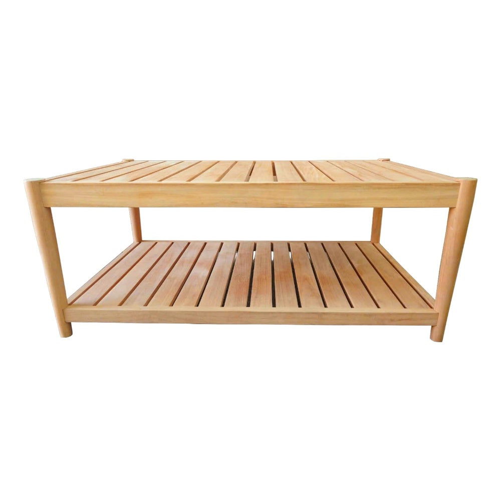 Teak slatted coffee table with lower shelf, rectangular frame, light natural wood