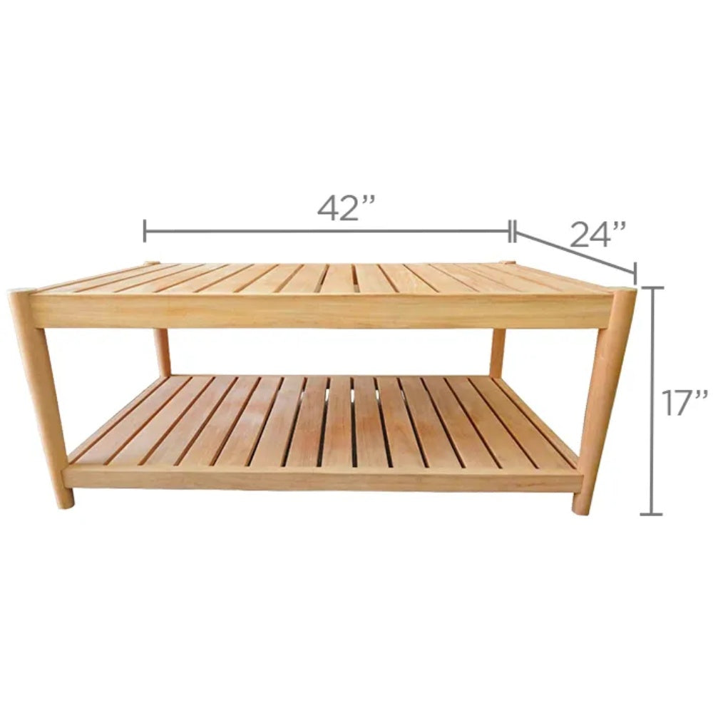 Rectangular teak slatted coffee table with dimensions 42in x 24in x 17in