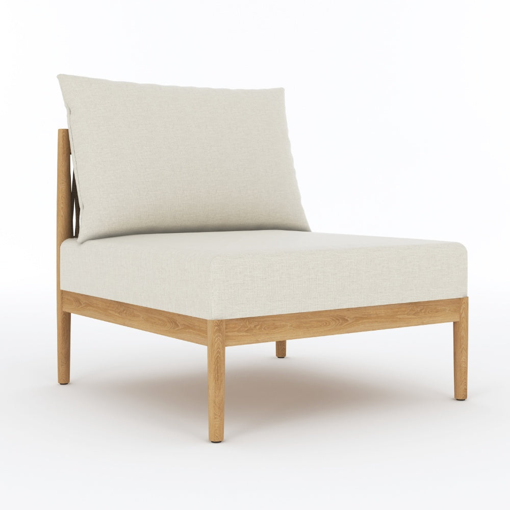 Upholstered insert chair with light beige cushions and teak-style wooden frame legs
