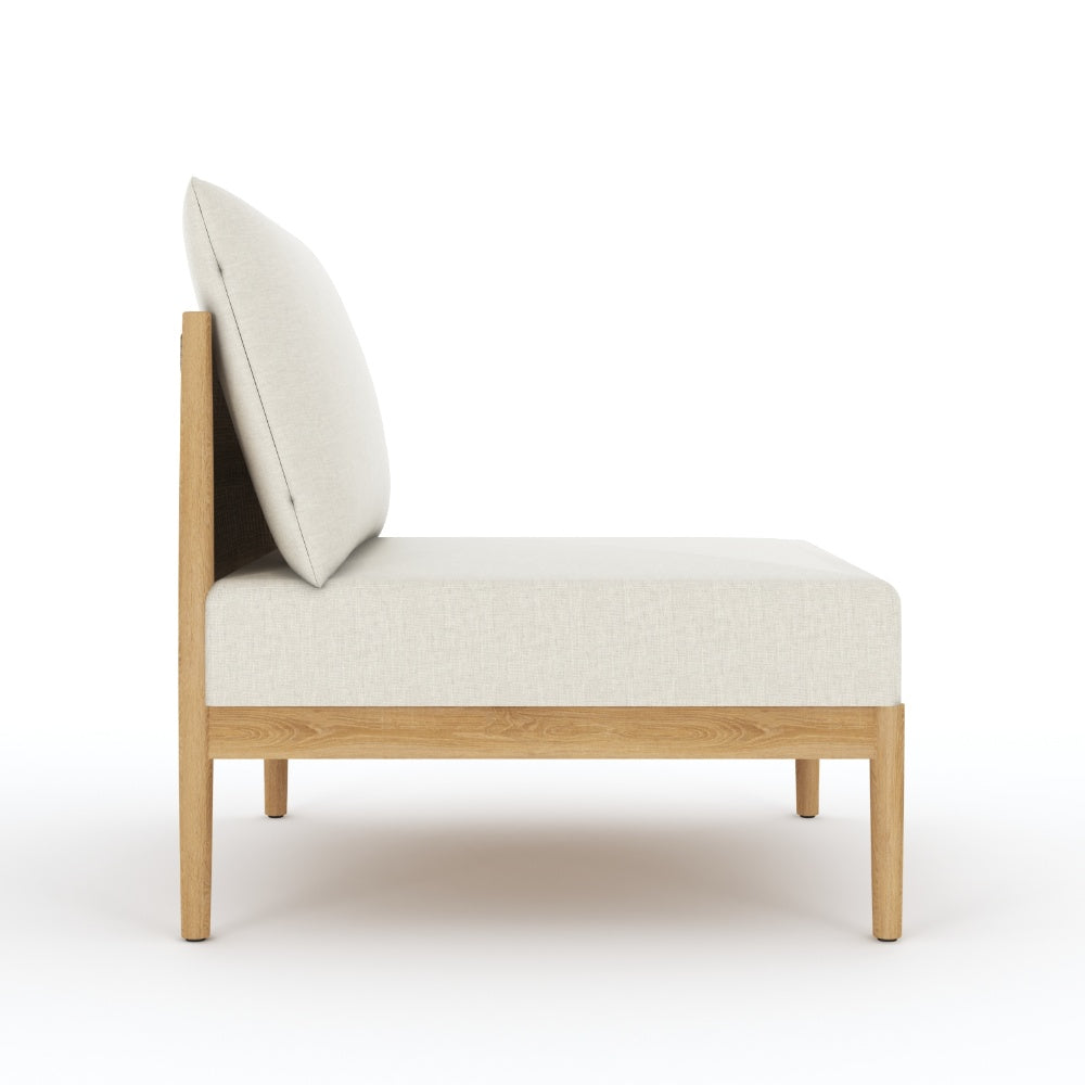 Light beige upholstered chair with tall backrest and teak-style wood frame on legs