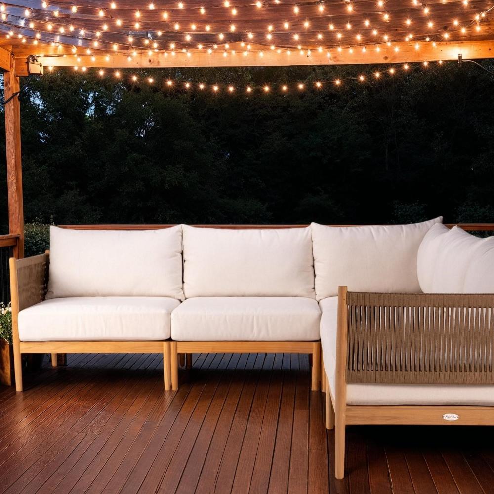 Outdoor sectional insert chair with light cushions and woven slatted back panel