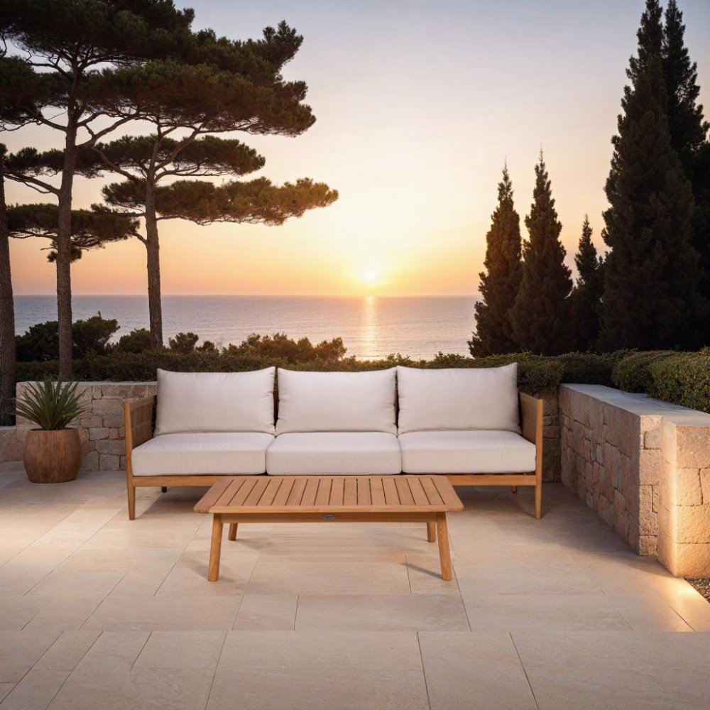 Outdoor seating chair with light beige cushions and slatted side back panel
