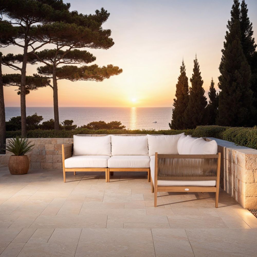 Outdoor sectional insert chair with light cushions and woven slatted back side panel