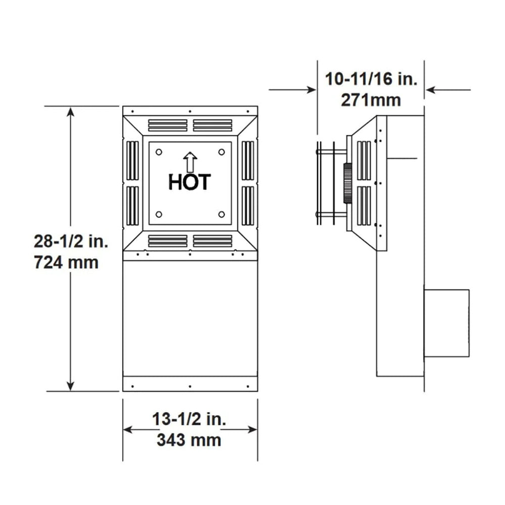 Snorkel cap with firestop, dimension diagram (28-1/2 in tall, 13-1/2 in width)