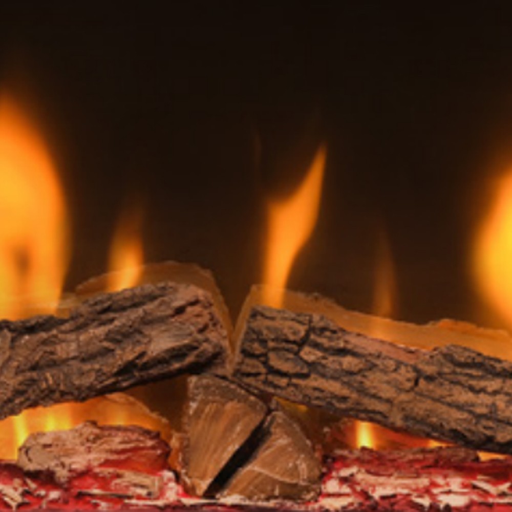 Close-up of molded logs with glowing ember bed and orange flame effects