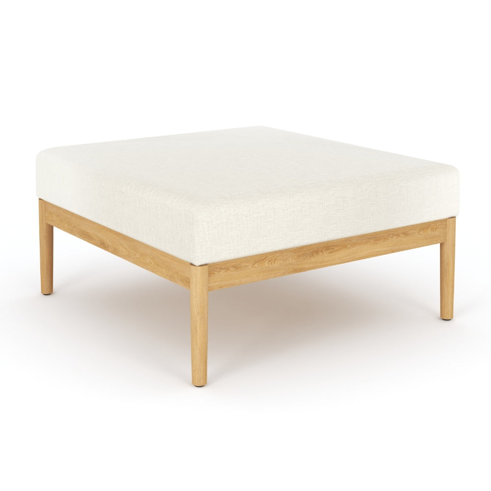 Teak ottoman with light beige upholstered top and square frame legs