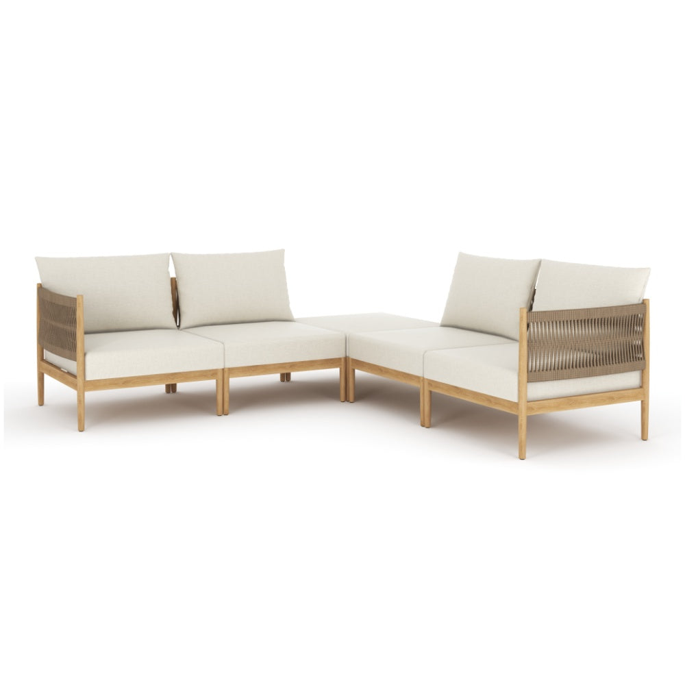 Teak outdoor corner sectional with beige seat cushions and built-in side pillows